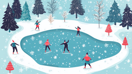 Festive ice skating on a pond surrounded by snow-covered trees and decorations
