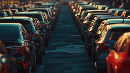 Fototapeta premium Row of vehicles parked along urban road, great for depicting urban life or traffic scenes