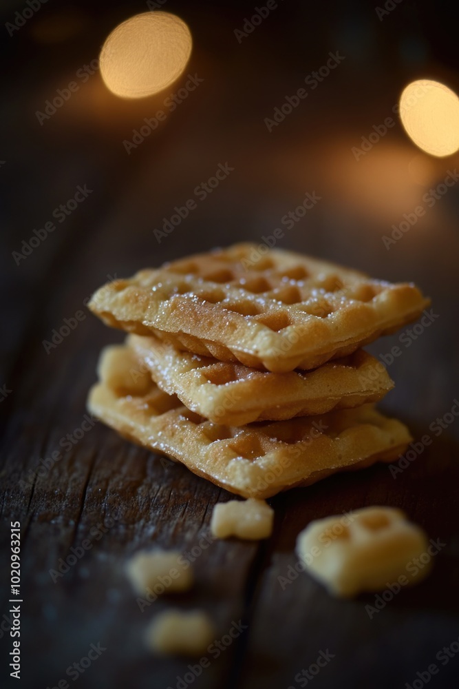 Poster A stack of crispy waffles sitting on top of a wooden table, ready to be devoured