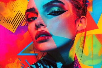 Obraz premium A woman with vibrant makeup against a colorful background