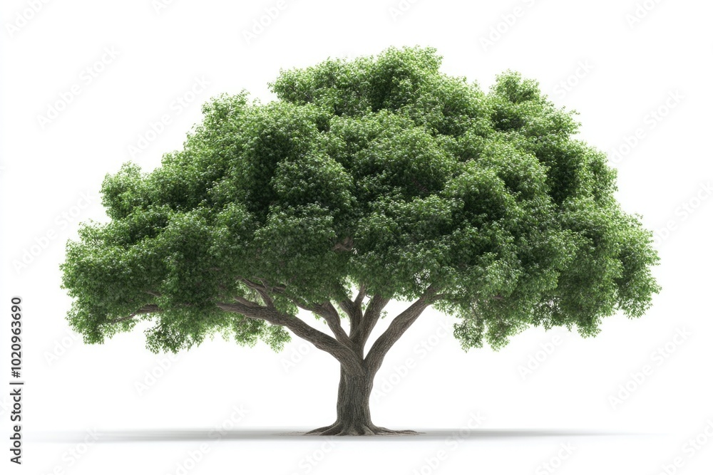 Poster a tree with lush green leaves on a simple white background, ideal for use in illustrations and desig