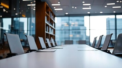A modern white meeting room includes a bookcase, creating a professional atmosphere for discussions..