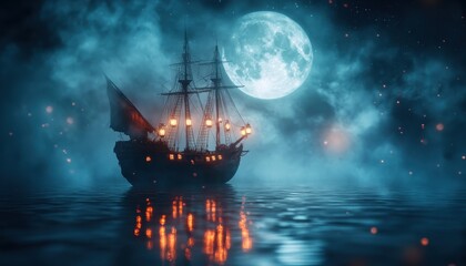 Fototapeta premium A Silhouetted Sailing Ship Under a Full Moon