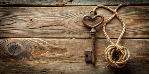 An aged heart-shaped key rests on a wooden surface with rustic twine