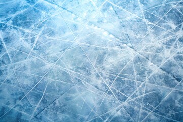 Obraz premium Close-up view of a textured and scratched ice rink surface in a horizontal layout with frosty blue and white tones