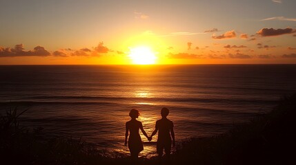 Fototapeta premium A silhouette of two people holding hands, watching the sunset over an ocean