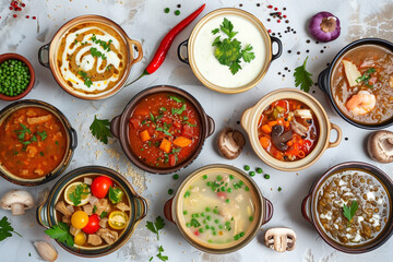 variety of hot dishes in restaurant healthy food, top view