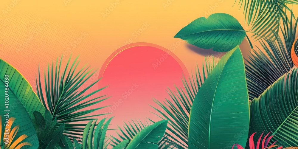 Canvas Prints A tropical scene with palm leaves and sunny sky