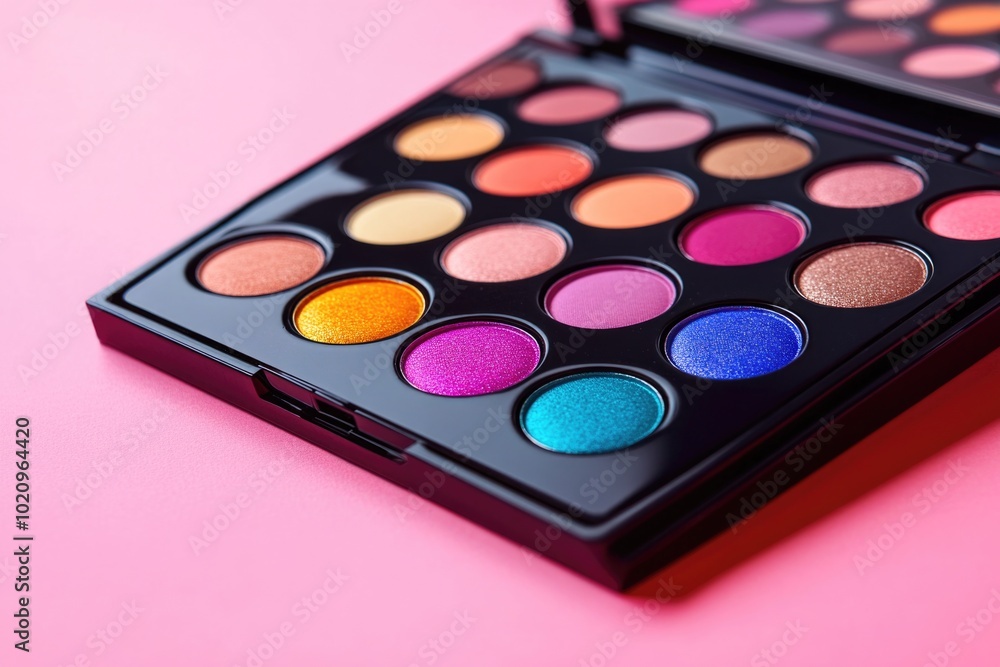 Poster A close-up view of a palette with a soft pink background, ideal for design and art projects
