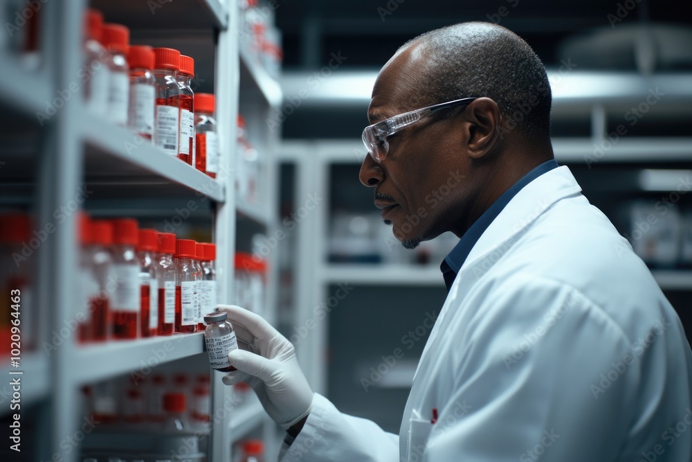 Aufkleber A scientist in a lab coat inspects various items on a shelf, possibly preparing for an experiment