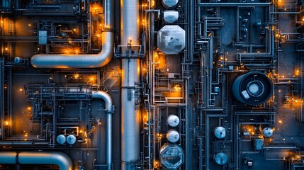 Fototapeta premium A macro view of tightly packed pipes, valves, and sensors in a futuristic petrochemical processing plant.