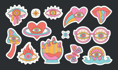 Retro groovy hippie abstract glasses, heart, eye, mouth, mushroom, butterfly. Cartoon trippy bright stickers set