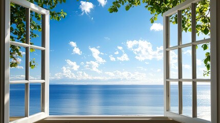A view of a calm sea and blue sky is framed through an old white window, evoking nostalgia and serenity..