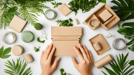 A person packaging items using eco-friendly materials like recycled paper, reusable containers, and glass jars