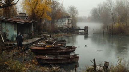 Obraz premium Foggy Riverbank with Abandoned Boats