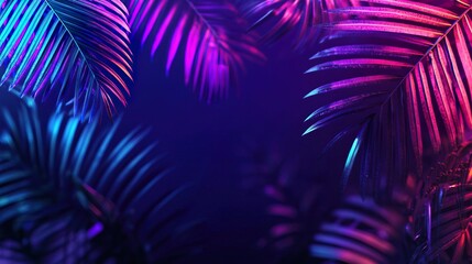 Fototapeta premium A tropical summer background features exotic leaves with neon party glow, creating a vibrant atmosphere..