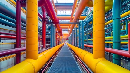 A tight frame on brightly colored pipes and mechanical components inside a modern petrochemical plant.