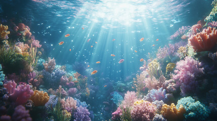 Photorealistic vibrant coral reef underwater filled with colorful fish and soft corals