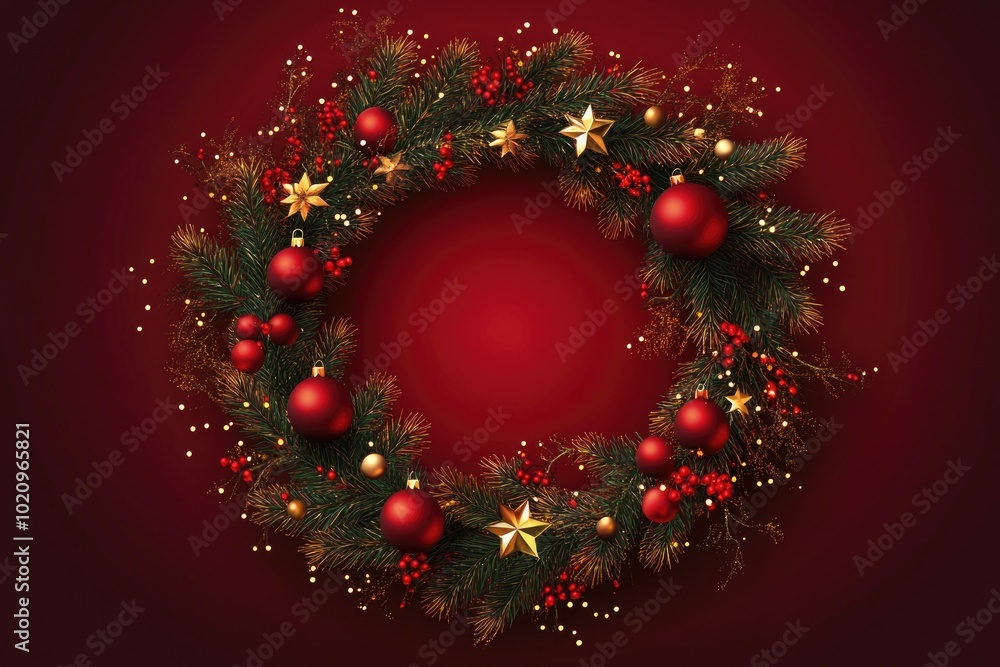 Wall mural A festive Christmas wreath on a bright red background, ready for your holiday decorations