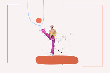 Creative picture young cheerful woman dance raise leg party festive event club positive mood...