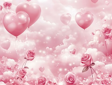 Pink heart balloons and roses floating in a dreamy Valentine's Day sky.