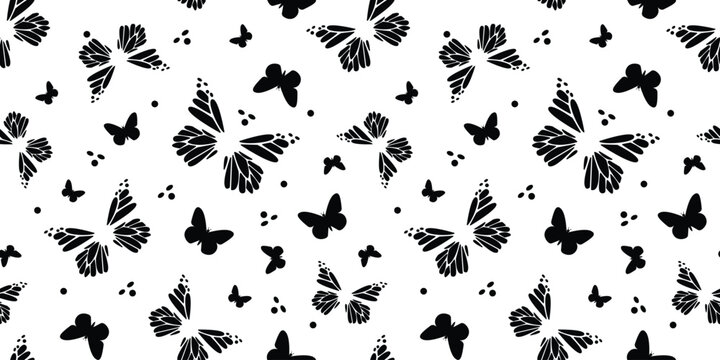 Vector seamless background black and white. Black white butterflies for decoration paper. Abstract illustration of insects. EPS 10