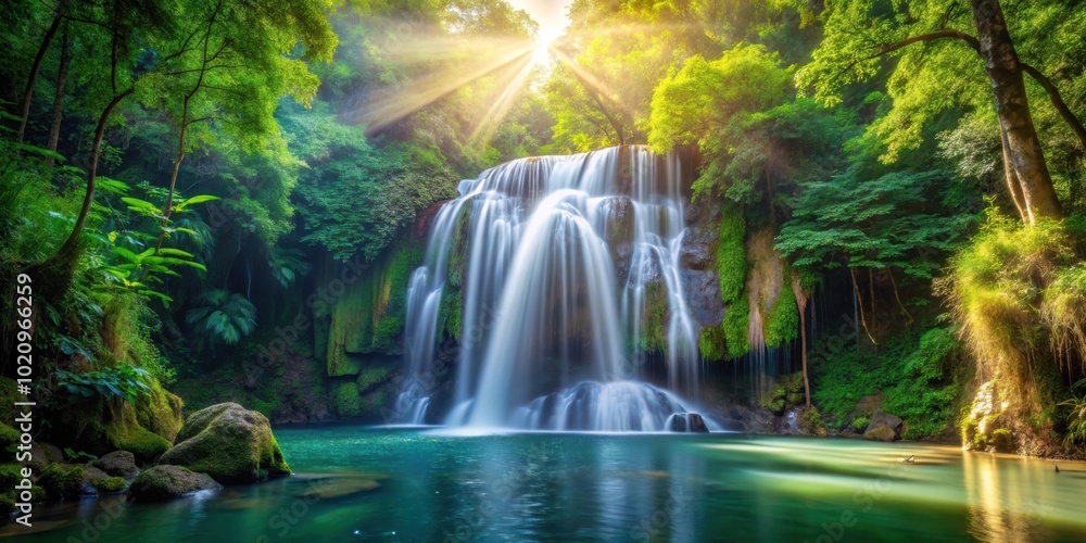 Poster sunlight filters through a lush canopy illuminating a tranquil waterfall cascading into a clear pool