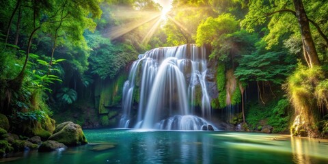 Obraz premium Sunlight Filters Through a Lush Canopy Illuminating a Tranquil Waterfall Cascading into a Clear Pool