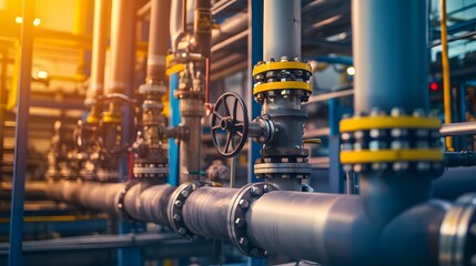 A macro view of the junction of multiple pipes, valves, and sensors in a high-tech petrochemical facility.