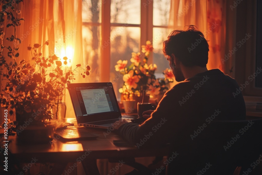 Poster a person sitting at a table with a laptop, possibly working or browsing