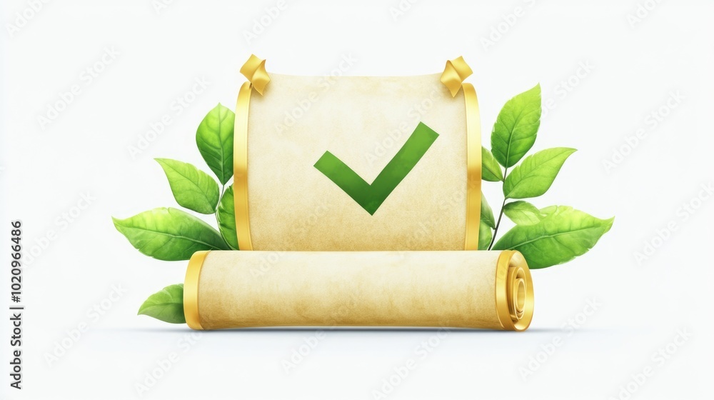 Poster A green tick mark on a scroll, often used to indicate approval or completion