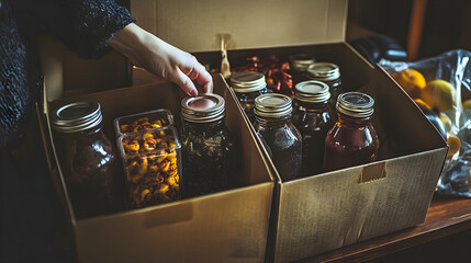 A person packaging items using eco-friendly materials like recycled paper, reusable containers, and glass jars