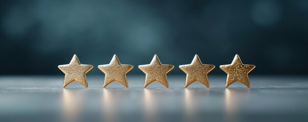 Five gold stars lined up representing high quality and excellent performance on a neutral background.