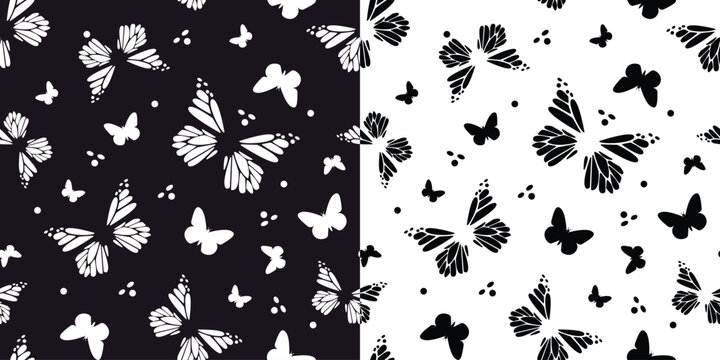 Vector seamless background black and white. Black white butterflies for decoration paper. Abstract illustration of insects. EPS 10