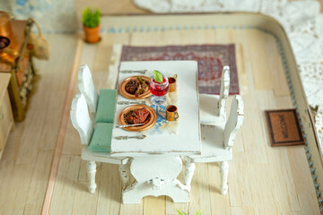 retro-style miniature dollhouse scale kitchen roombox with handcrafted furniture, dishes and...