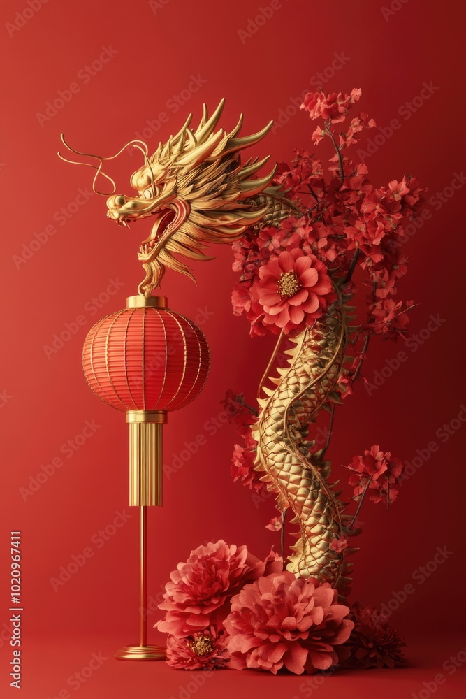 Poster a dragon statue surrounded by various types of flowers in a garden or park setting