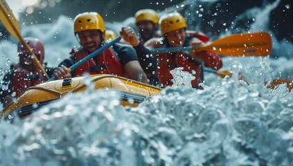 Group of Friends Enjoying Whitewater Rafting Adventure
