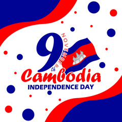 Cambodia Independence Day celebrate on November 9th. The flying flag of Cambodia with bold text and numbers on a white background. Independence day event banner.