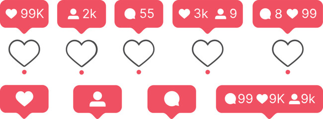 Social media notification bubble flat icons set Like comment follower and view buttons. 