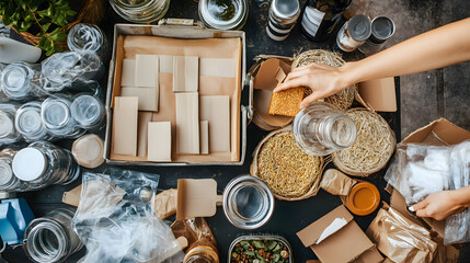 A person packaging items using eco-friendly materials like recycled paper, reusable containers, and glass jars