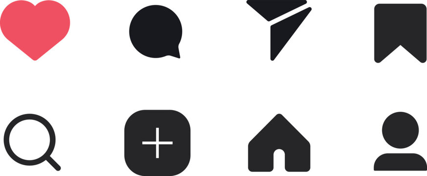 Instagram, facebook, twitter X,Social network signs set. Like, comment, share and save icons. Social media functional icons. Vector fill icon with red and black colours