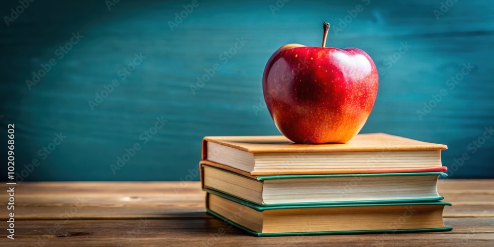 Aufkleber a stack of books with a red apple on top against a teal backdrop