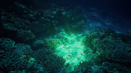 Obraz premium Enigmatic Green Light Radiating from the Ocean Floor