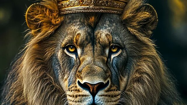 Regal male lion adorned with an ornate golden crown sits majestically against a dark forest backdrop, symbolizing power and sovereignty. The mood is solemn and commanding.
