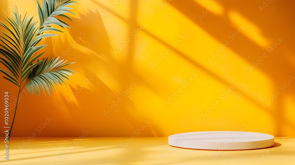 Poster vivid 3d studio environment with a vibrant yellow background vacant floor and wall and a product pla