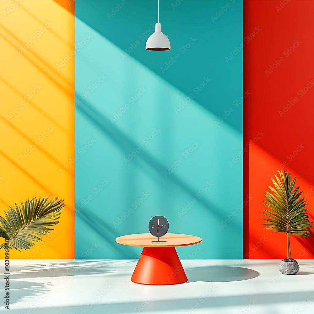 Poster minimalist 3d studio scene featuring a seamless colorful gradient backdrop simple pedestal display a