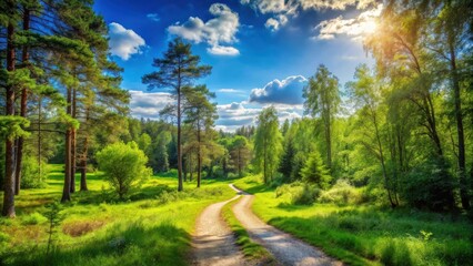 A sunlit path meanders through a lush green forest, framed by towering trees and dappled sunlight filtering through the canopy.