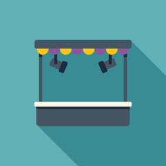 Empty street food stall with awning and spotlights is waiting for customers in flat design