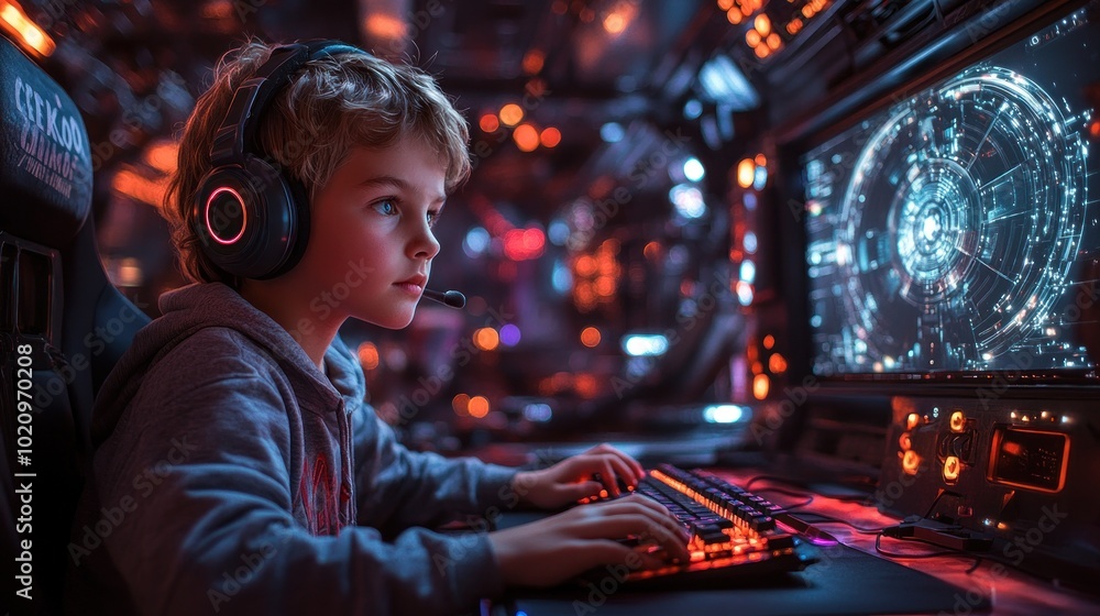 Poster a child immersed in gaming with a futuristic computer setup.