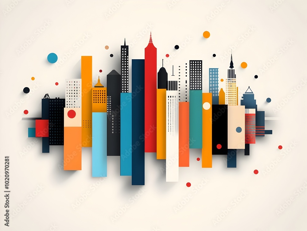 Poster vibrant and geometric contemporary abstract cityscape with striking horizontal color bars in a compl